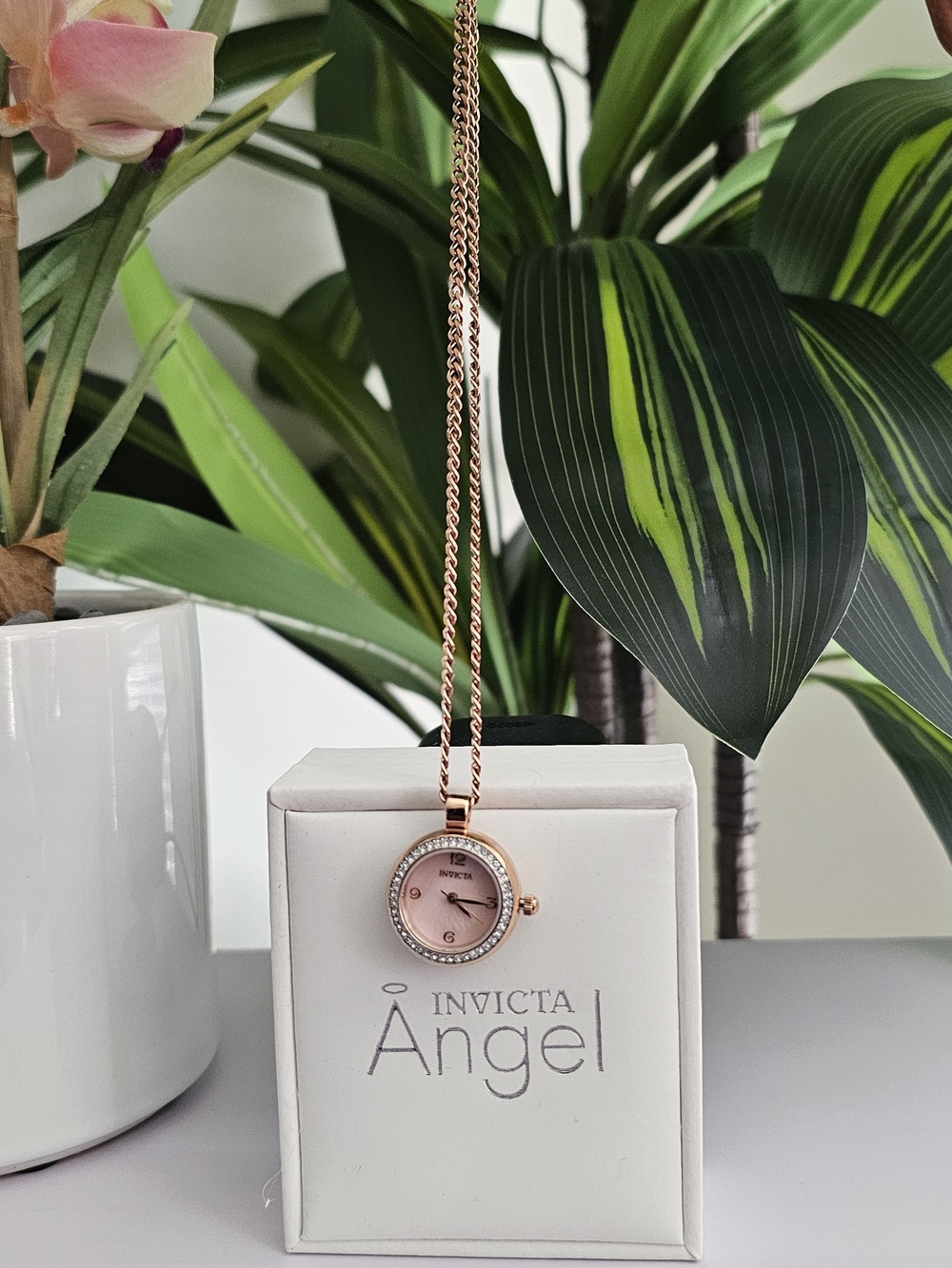 Invicta Rose Gold Pendant Watch Necklace with Crystal Accents